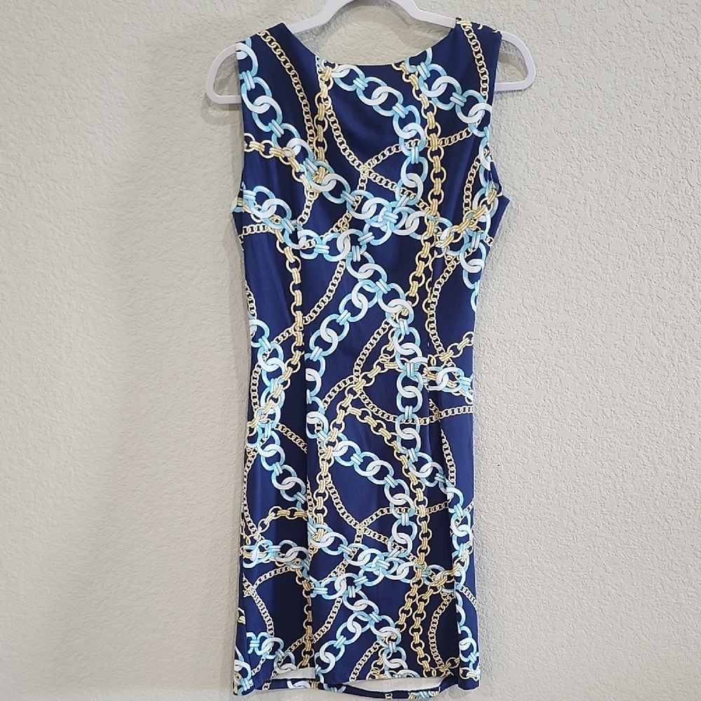 J. McLaughlin Sage Sleeveless Chain Print Midi Dress Navy Blue Gold Designer Lux - Picture 7 of 11